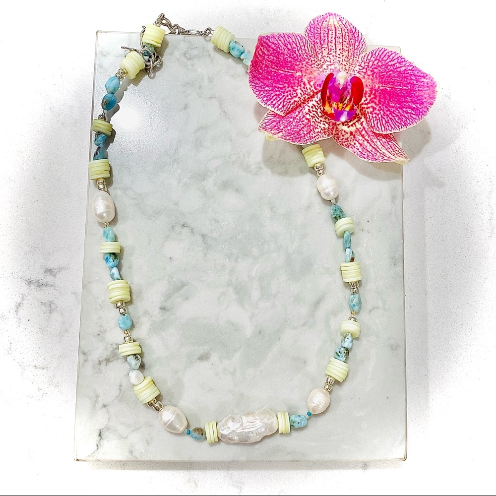 DANNIJO Riviera Freshwater Pearl, Heishi, & Larimar Beaded Necklace NWT - Picture 5 of 14